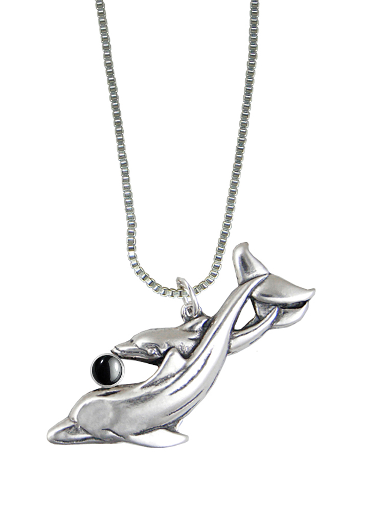 Sterling Silver Playful Dolphins Pendant With Hematite